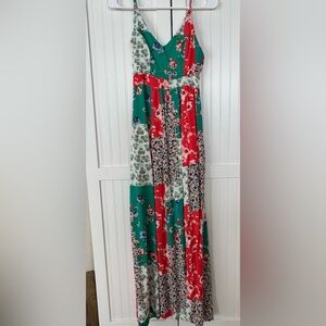 Promesa Floral Patchwork Maxi Dress in Red and Green